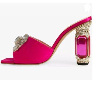 FSJ Hot Pink Luxury Square Crystal High Heel Mule Open Toe Rhinestone Sandals